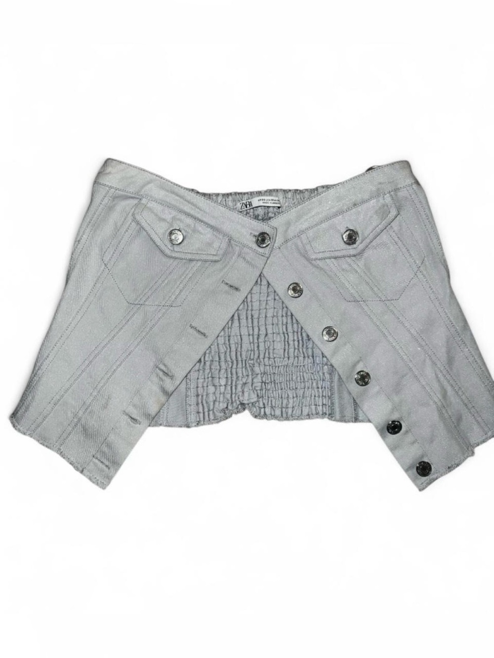 Zara Light Gray/Blue Shimmer Denim Button-Front Denim Corset Top